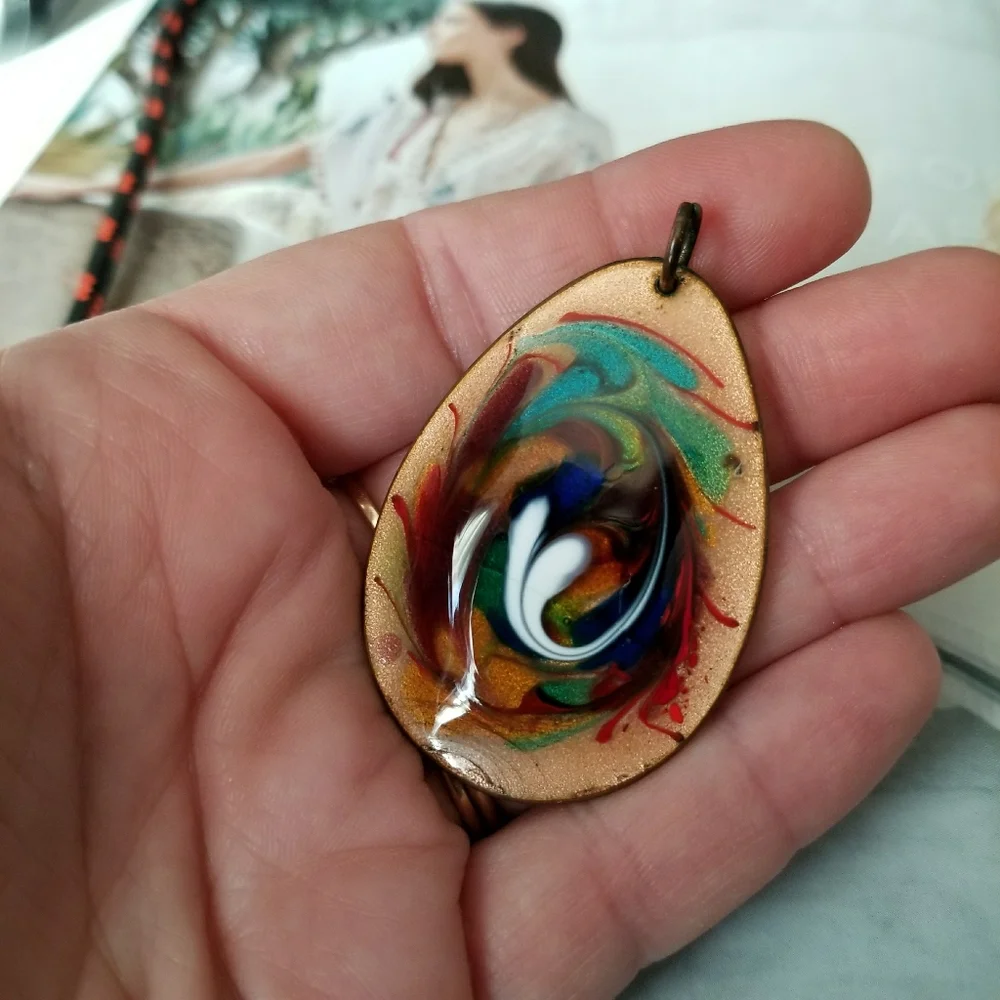 Vintage enamel copper pendant swirl teardrop